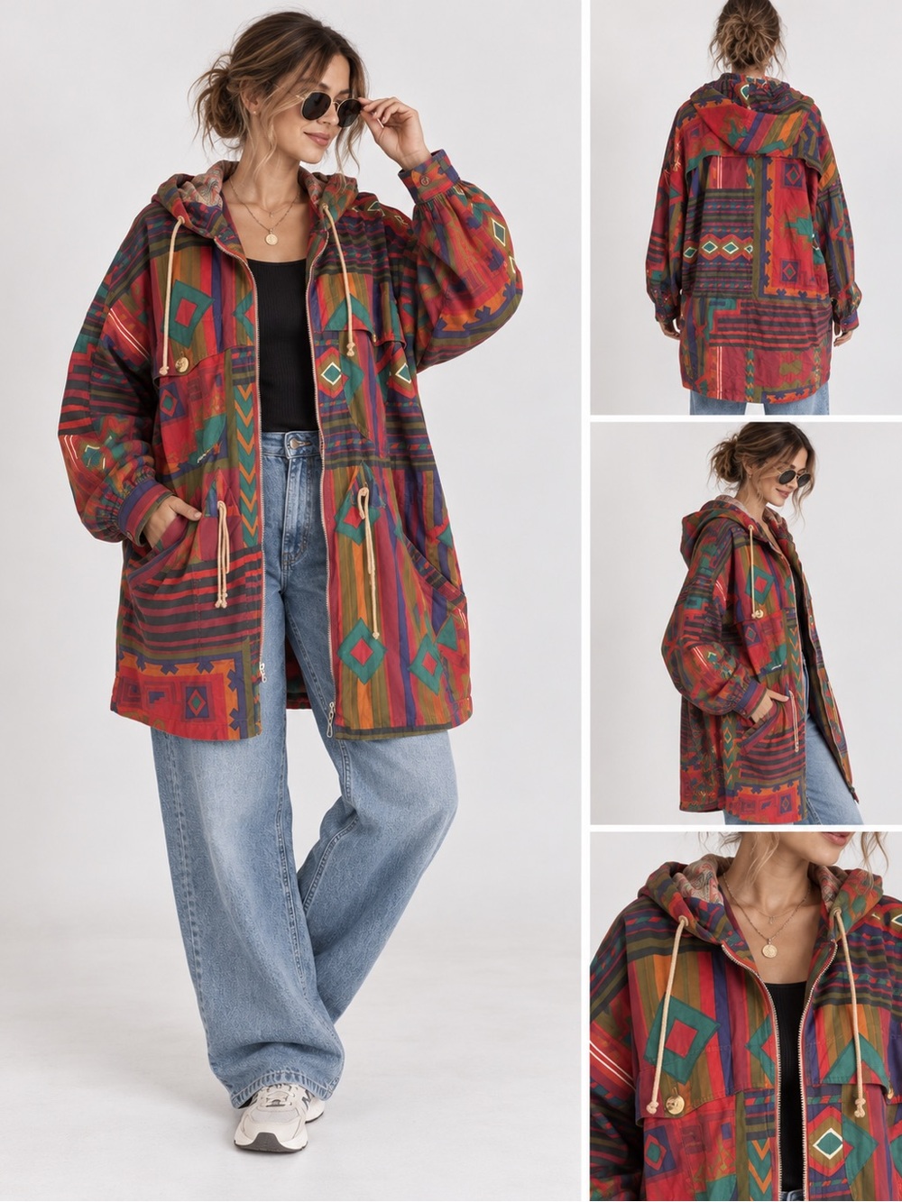 Vintage Multicolor Southwestern Hooded Cotton Jacket M Oversized Colorful Grunge